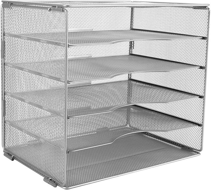 EasyPAG 5-Tier Mesh Desk File Organizer with Metal Frame, Screw-Free Assembly, Space Saving Letter Tray for Office/Home/School - A4 & Letter Size Paper Sorter, Silver-DeskLoop Office