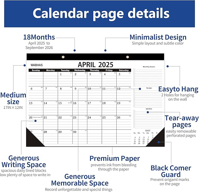 Desk Calendar 2025-2026,April 2025 to September 2026-Calendar 2025-2026 -18 Months,Desk Calendar 2025-2026 with to-do List,Thick Paper,17" x 12" For Planning.-DeskLoop Office