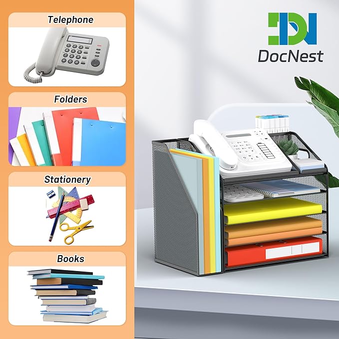 DocNest 5 Tier Paper Letter Tray File Organizer, Mesh Desk File with Handle, Workspace Desk Organizers with Pen Holder, Office Organization Storage Accessories - Black-DeskLoop Office