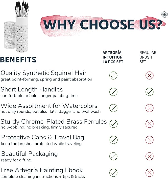 ARTEGRIA Watercolor Brush Set, 10 Professional Soft Synthetic Squirrel Paint Brushes, Including Pointed Rounds, Flats, Dagger, Oval Wash-DeskLoop Office