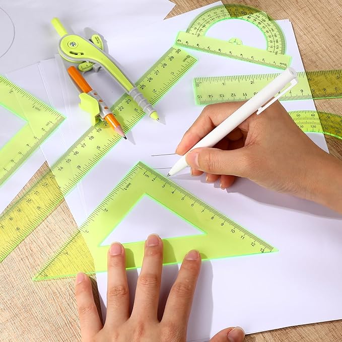 Zonon 1 Set Plastic Geometry Math Set 7 Pcs Includes 6'' / 4 '' Protractor, Drawing Compass, 45/60 Degree Triangle Rulers, 12'' / 6'' Math Ruler Transparent for Office Supplies(Yellow)-DeskLoop Office