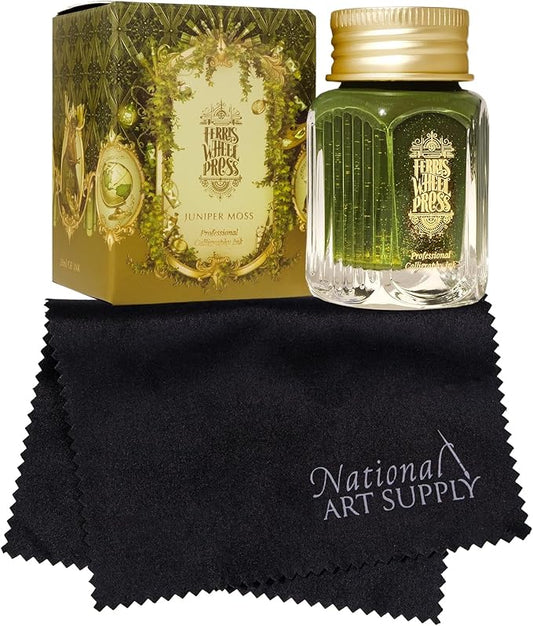 Ferris Wheel Press Juniper Moss 28ml Calligraphy Ink for Calligraphy & Dip Pens - National Art Supply 5x7 Microfiber Cloth - Moss Green with Gold Shimmers - Waterproof Dip Pen Ink for Artists-DeskLoop Office