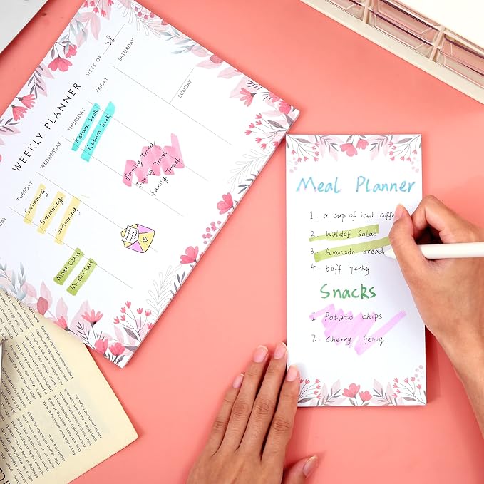 Weekly Planner Notepad Tear Off Set of 2 Weekly Calendar Pad 52 Undated To Do List Notepad Desk Planning Pads Productivity Tracker for Work School Home Goals Notes Schedule Ideas, Floral Pink-DeskLoop Office