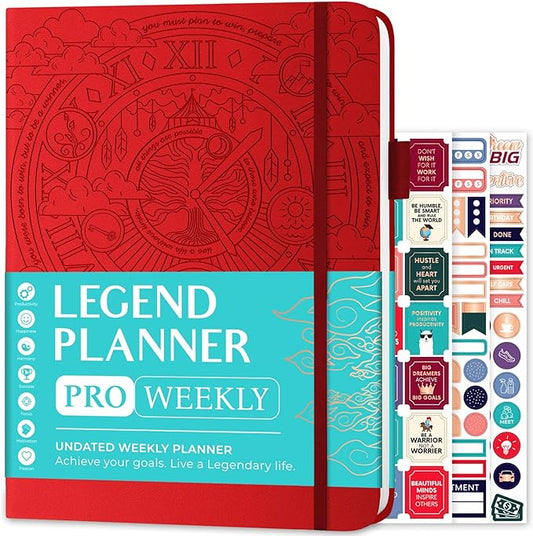 Legend Planner PRO – Deluxe Weekly & Monthly Life Planner to Increase Productivity and Hit Your Goals. Time Management Organizer Notebook – Undated – 7 x 10" Hardcover + Stickers – Red-DeskLoop Office