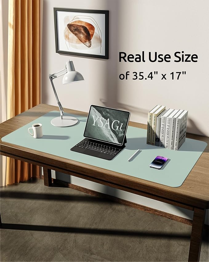 YSAGi Leather Desk Protector, Office Mat, Large Mouse Mat, Non-Slip PU Leather Blotter, Laptop Desk Pad, Waterproof Writing Pad for Office and Home (Pale Green, 35.4" x 17")-DeskLoop Office