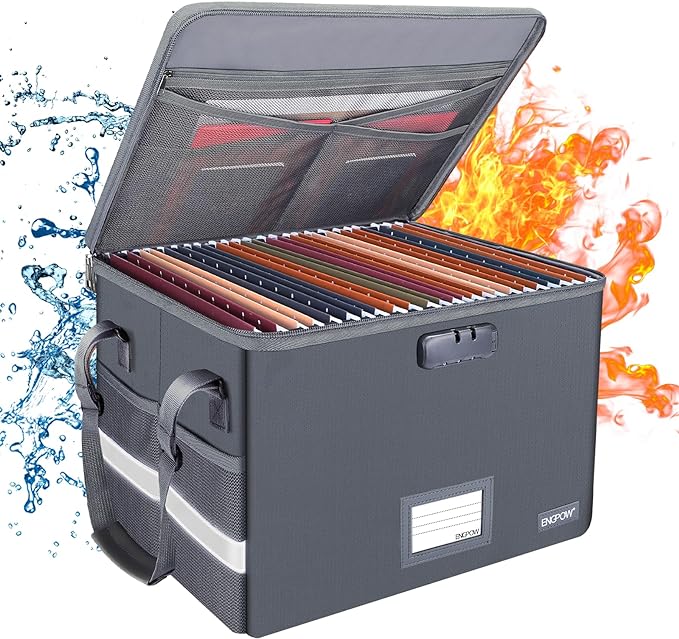 ENGPOW File Box with Lock, Fireproof Document Box with Zipper Lid, Collapsible File Organizer Storage Filing Cabinet with Handle, Portable Home Office Safe for Hanging Letter/Legal Folders, Grey-DeskLoop Office