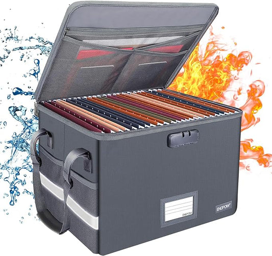 ENGPOW File Box with Lock, Fireproof Document Box with Zipper Lid, Collapsible File Organizer Storage Filing Cabinet with Handle, Portable Home Office Safe for Hanging Letter/Legal Folders, Grey-DeskLoop Office
