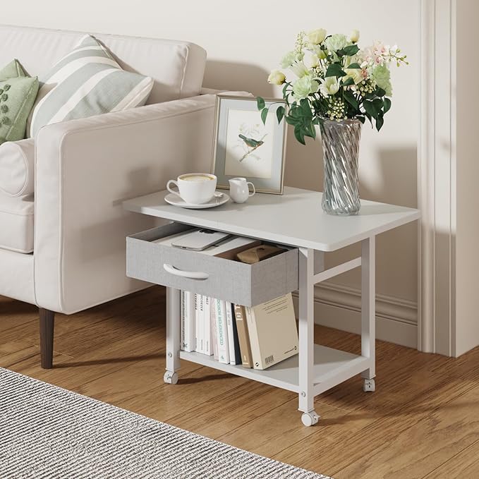 22"x15" Large Printer Stand with Storage Drawer, 2-Tier Under Desk Table for Home Office, Fits Fax Machine/3D Printer/Scanner (White)-DeskLoop Office