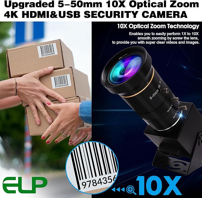 ELP 4K USB HDMI USB Camera Manual Zoom Webcam Variable Focus PC Camera Mini Close-up Camera for Computer H.264 Telescope USB Security Camera 8mp IMX415 Industrial CCTV Camera (5-50mm 10X Zoom Lens)-DeskLoop Office