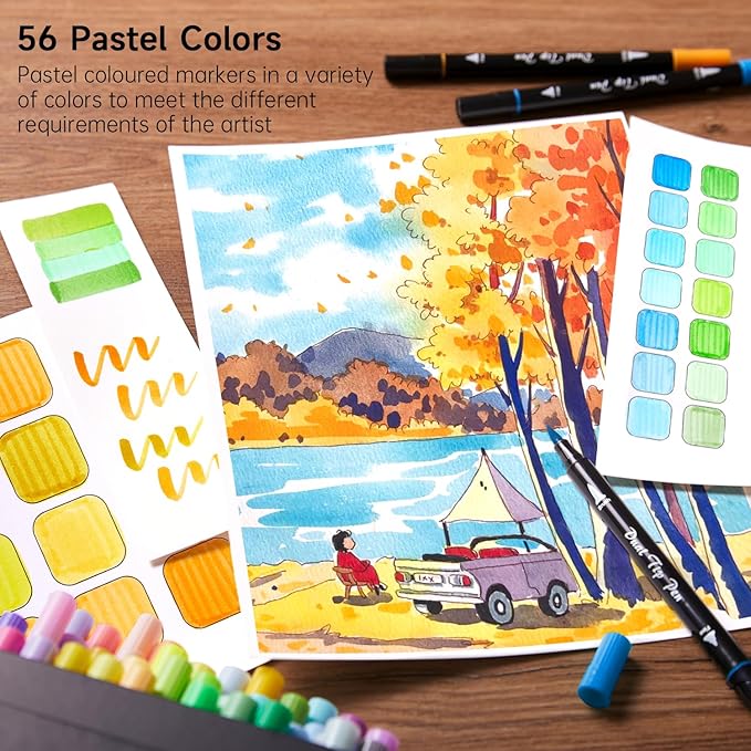 Shuttle Art Pastel Brush Pens, 56 Pastel Colouring Pens, Dual Tip Brush Markers with Fineliner Tip, Drawing Felt Tip Pens for Adults Colouring Books, Painting Sketching Calligraphy and Journaling-DeskLoop Office