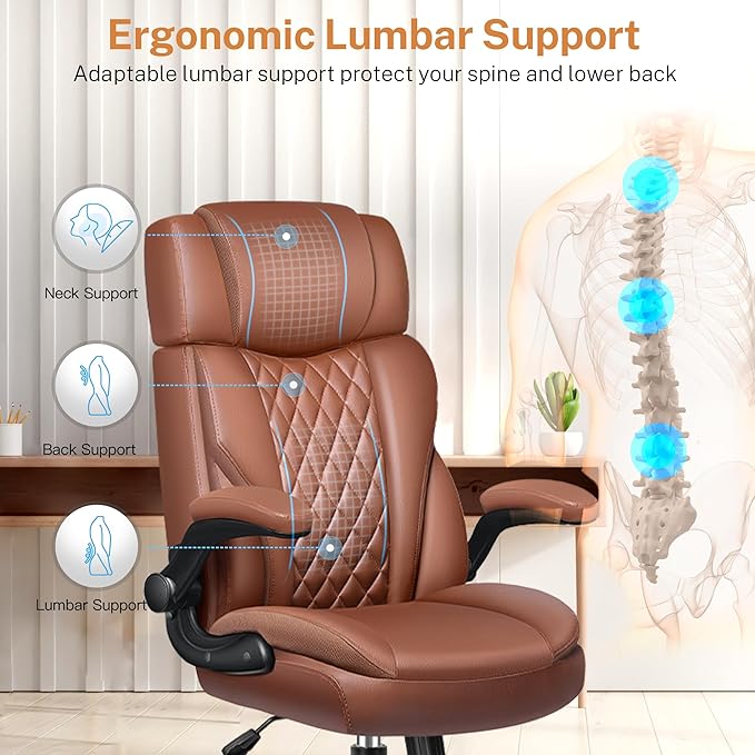 Office Chair Flip Up Arms, Executive Leather Office Chair Ergonomic Desk Chair with Lumbar Support, Adjustable Headrest, Computer Chair Home Office Desk Chair with Rocking Function-DeskLoop Office