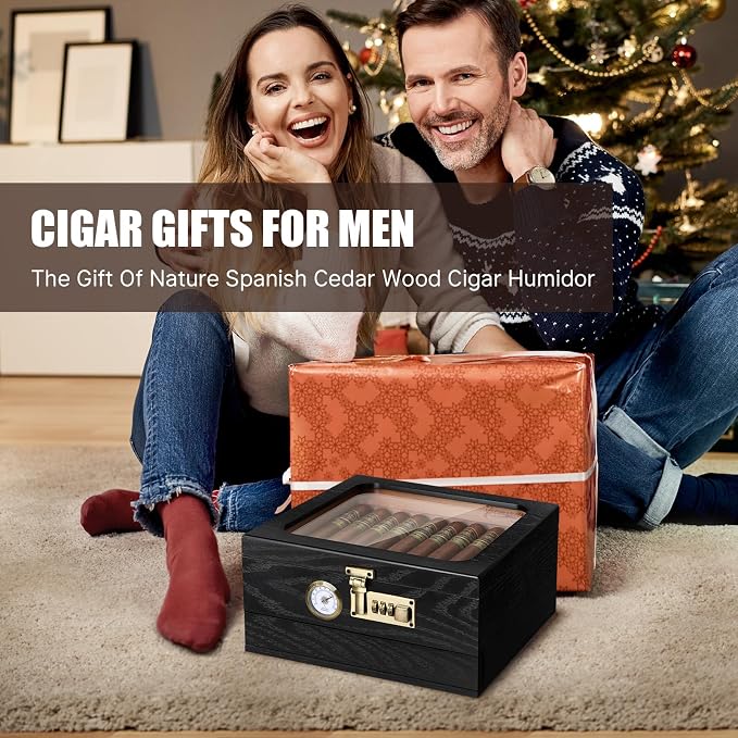 Tesonway Cigar Humidor, Cedar Wood Humidor Cigar Box, Glass Top Desktop Humidor - Image 8