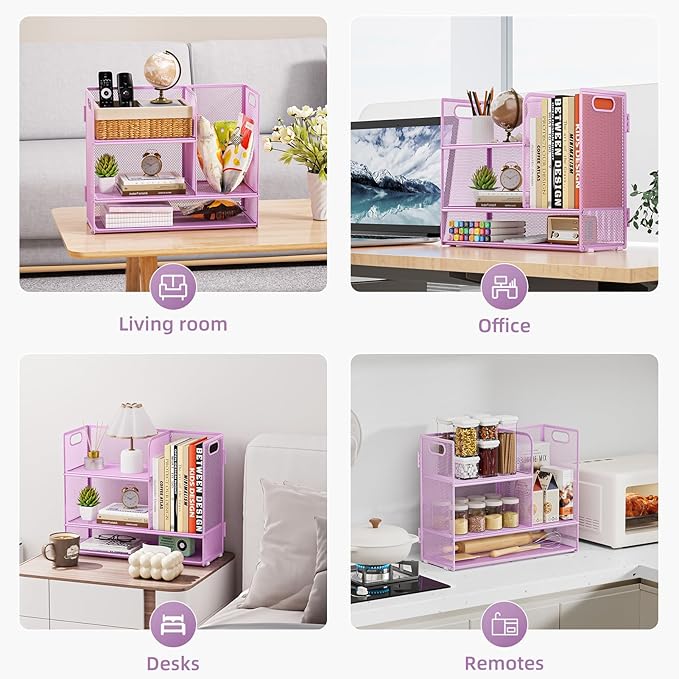 Marbrasse 3-Tier Desk Shelf Organizer with Handle, Desktop Bookshelf File Holder, Mesh Display Shelf Organizer Storage Rack for Office, Home, Supplies, Kitchen (Purple)-DeskLoop Office