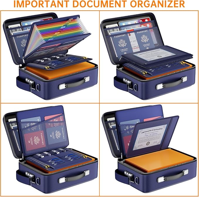 DocSafe Fireproof Document Box with Lock, Hard Case File Organizer with Accordion File Folder, Fireproof Water Resistant Safe Box Home Office Travel Storage for Important Documents Laptop Blue-DeskLoop Office