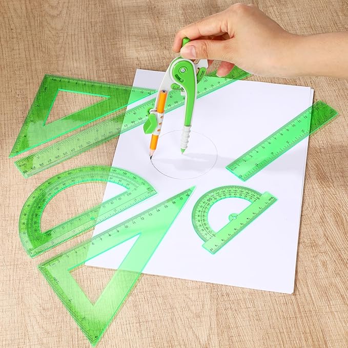 Zonon 1 Set Plastic Geometry Math Set 7 Pcs Includes 6'' / 4 '' Protractor, Drawing Compass, 45/60 Degree Triangle Rulers, 12'' / 6'' Math Ruler Transparent for Office Supplies(Green)-DeskLoop Office