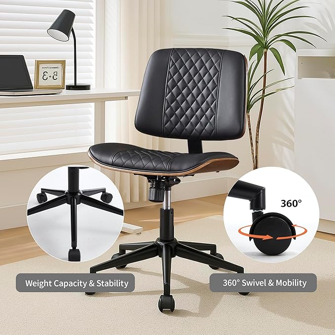 Modern Black Home Office Chair – Armless Mid-Back Desk Chair with PU Leather, Adjustable Height, Swivel Wheels, Walnut Wood Finish, Perfect for Small Spaces-DeskLoop Office