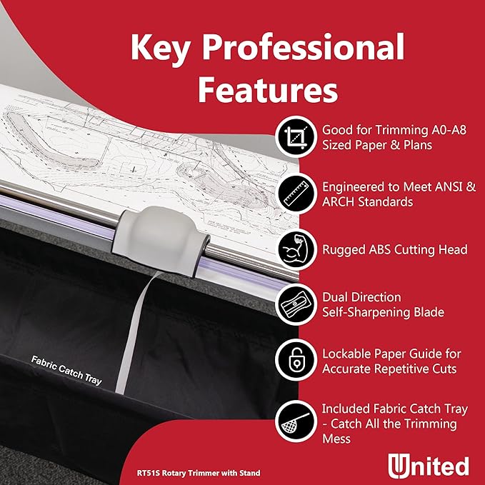 United Office Products RT51S Commercial Rotary Paper Trimmer with Stand and Fabric Catch Tray, Sturdy Metal Base, 51" Cut Length, 10 Sheet Capacity, Paper Cutter for Offices, Schools and Crafts-DeskLoop Office