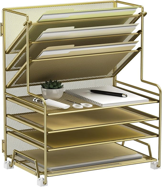 4-Tier Paper Organizer + 3-Pocket File Holder + Drawer + Pen Holders, Desktop File Organizers Paper Tray for Office Supplies School Classroom Organization (Gold, no Drawer & Pen Holder)-DeskLoop Office