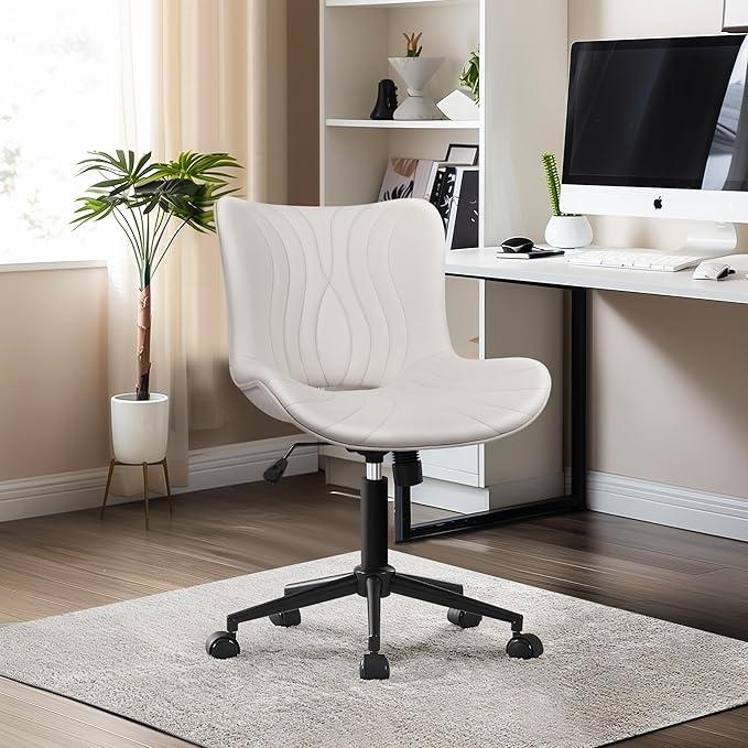 Office Chair, Armless Desk Chair with Wheels, Ergonomic Comfy Home Office Computer Task Chairs, Faux Leather Padded Cute Vanity Chair, Adjustable Height Swivel Chair with Back,White-DeskLoop Office