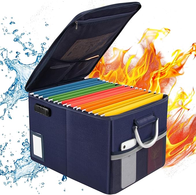 TOMKID Fireproof Document Box, Fire Proof Safe Box for Home Document Organizer with Lock, Fire Organizer Box Office Storage Cabinet for Hanging Letter/Legal Folder 16.1 x 12.9 x 11in (Blue)-DeskLoop Office