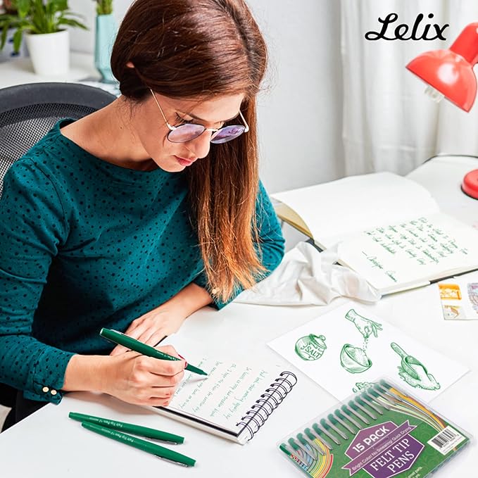 Lelix Felt Tip Pens, 30 Green Pack, 0.7mm Medium Point, Felt Tip Markers Pens for Journaling, Writing, Note Taking, Planner, Perfect for School Office and Art Supplies-DeskLoop Office