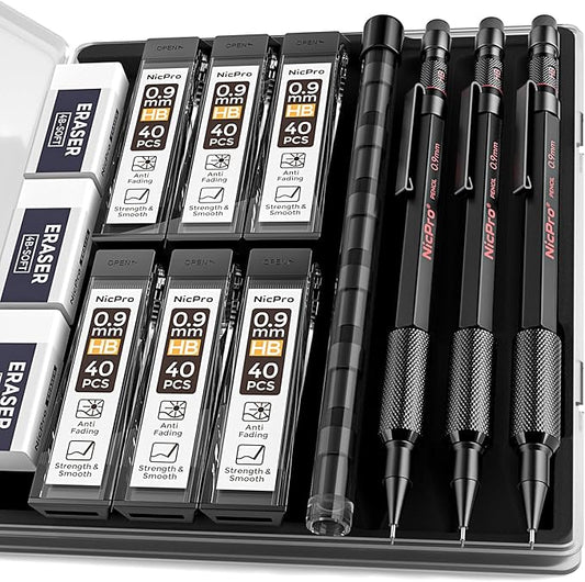 Nicpro 0.9 Metal Mechanical Pencil Set with Case, 3PCS Hevey Duty MP2000 Lead Pencil With 6 Tube HB Lead Refills 0.9mm, Erasers, Weatherproof Barrel for Outdoor Writing Drafting Drawing Sketching-DeskLoop Office