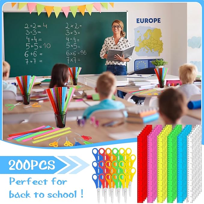 PerKoop 200 Pcs School Supplies with 100 Pcs Safety Blunt Tip Student Scissors 100 Pcs 12 Inch Plastic Rulers Back to School Supply Kit for Operation Christmas Charity Donation Supplies (Cute Color)-DeskLoop Office