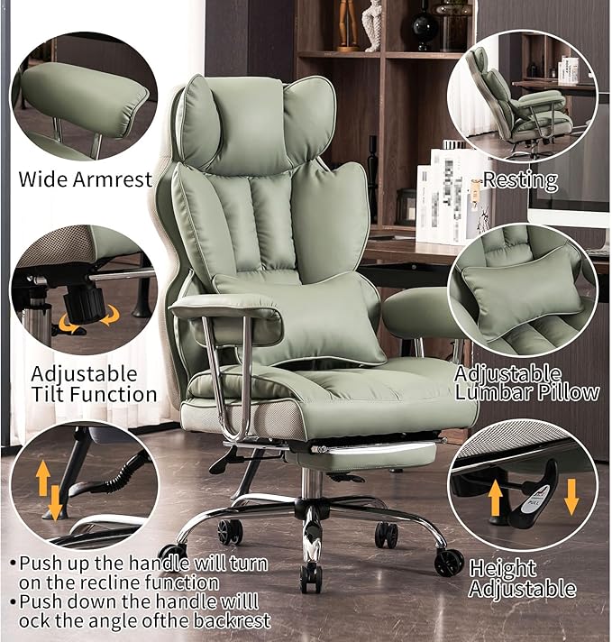 Efomao Big and Tall Office Chair 400lbs - Executive Office Chairs with Footrest, Heavy-Duty PU Leather Computer Chair for Heavy People, Light Green Home Office Desk Chairs-DeskLoop Office