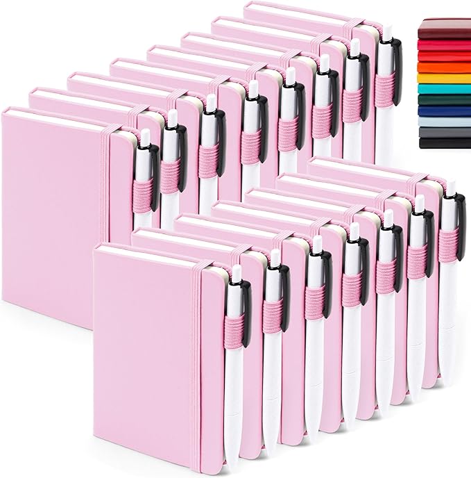 feela 15 Pack Pocket Small Notebooks Bulk, Mini Cute Memo Notepads Hardcover College Ruled Lined Journals with Pen Holder for Women Girls Office School, with 15 Black Pens, 3.5”x 5.5”, A6, Rose Pink-DeskLoop Office