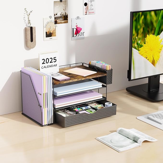 Wood Desk Organizers and Accessories with File Holder, 4-Tier Desk Accessories & Workspace Organizers with Drawer and Pen Holder, Paper Organizer for Office Supplies (Wood)-DeskLoop Office