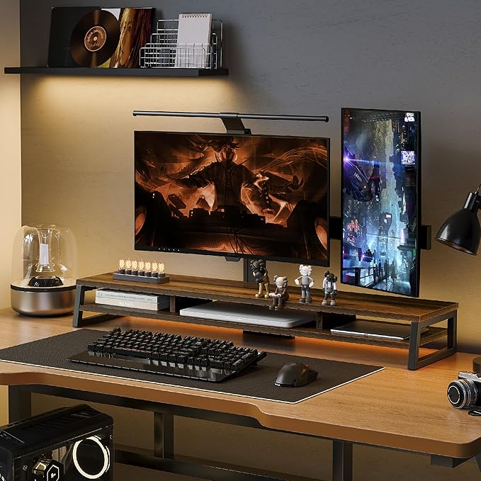 Fenge Dual Monitor Stand for Desk, 42.5in Large Monitor Riser for 2 Monitors, 2 Tier Computer Office Desk Top Shelf, Desktop Storage Stand for Laptop, PC, Computer, Printer-DeskLoop Office