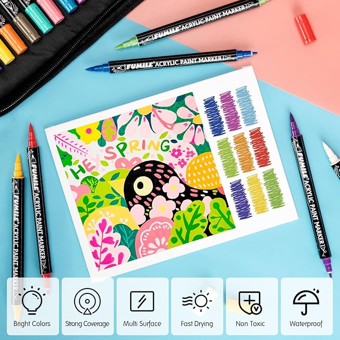 FUMILE 36 Colors Acrylic Paint Markers Dual Tip(Fine and Brush Tip), Acrylic Paint Pens paint Marker for Wood, Rock, Plastic, Glass, Ceramic, Canvas.Acrylic Markers Set for DIY Crafts and Art.-DeskLoop Office