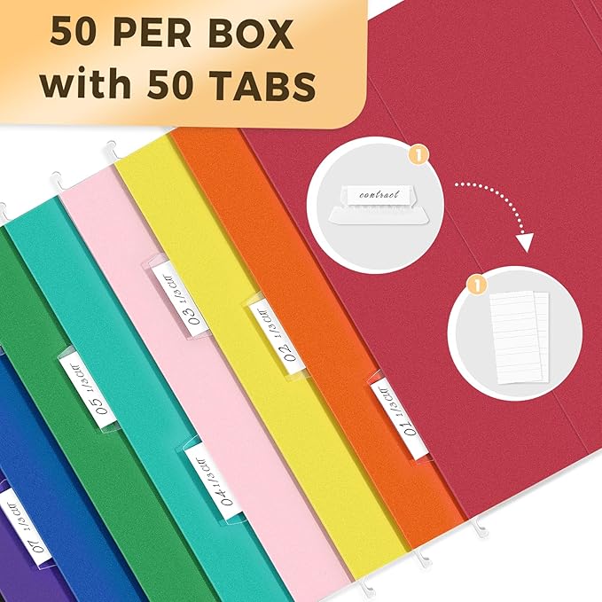 SUNEE Hanging File Folders, 50 Pack Letter Size Hanging File Folders with 1/5-cut Tabs, Stay Organized for Your Home and Office Bulk File, Documents and Paper,10 Assorted Colors-DeskLoop Office