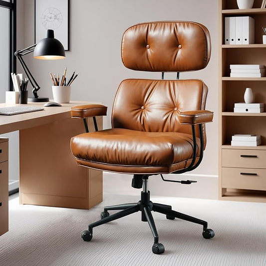 ovios Home Office Chair, Mid-Century Modern Faux PU Leather Chairs with Lumbar Support Comfy Thick Cushion, High Back Ergonomic Swivel Rolling Executive Armchair (Brown, PU Leather)-DeskLoop Office