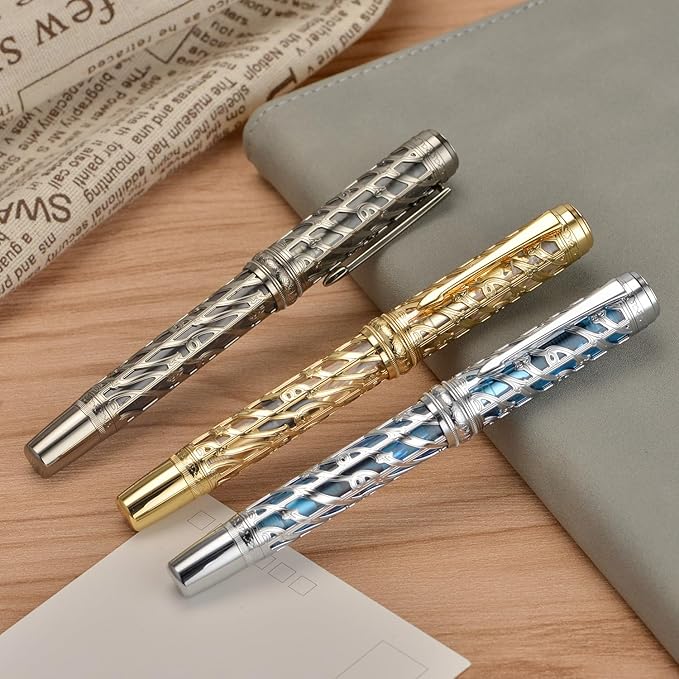 Hongdian A6 Piston Fountain Pen Fine Soft Nib, Golden Hollow Skeleton & Transparent Resin Pen with Metal Case Set