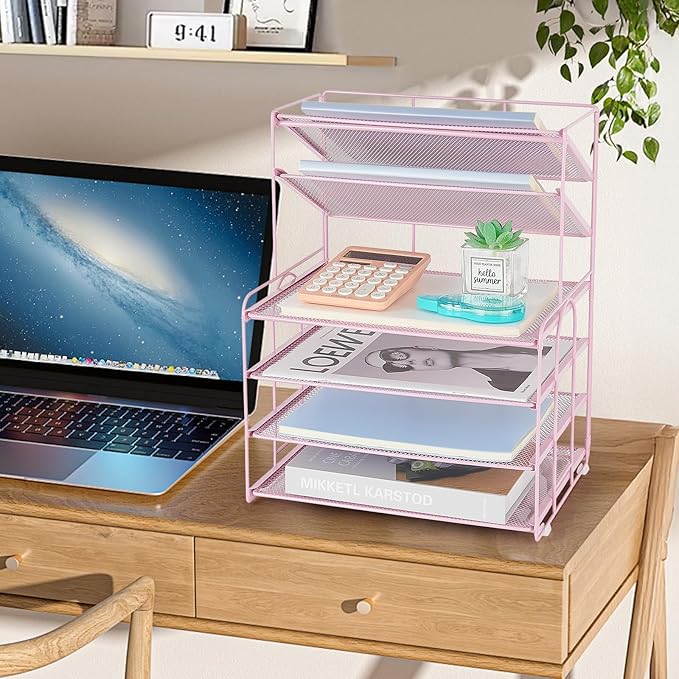 6-Tier Letter Tray Paper Organizer, Desk Organizers and Accessories, Desktop File Organizer, Office Desk Accessories for Office Supplies(Pink)-DeskLoop Office