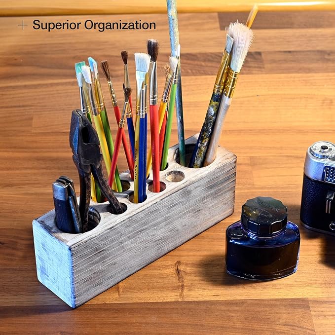 Whitewashed Wooden Pen Holder, Grey Solid Wood Desk Organizer, Rustic Paint Brush Holder and Art Supplies Organizer-DeskLoop Office
