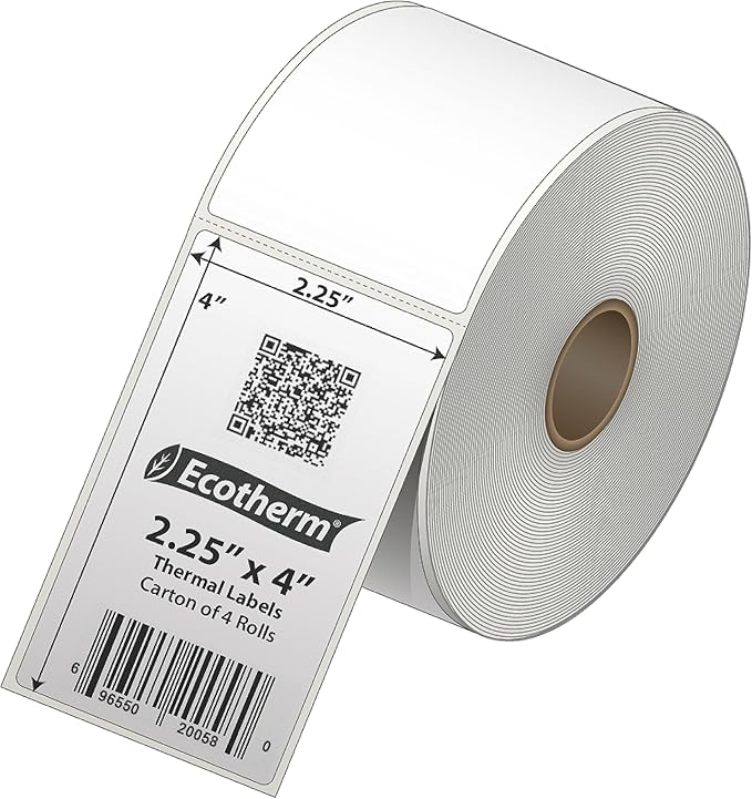 2.25" x 4" Thermal Labels | 4 Rolls | 1440 Labels | fits Zebra, Munbyn, Rollo, Godex, Arkscan, iDPRT, Offnova Thermal Label Printers and More | Blank White Adhesive Stickers by Ecotherm-DeskLoop Office