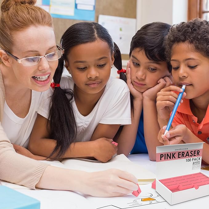 Innovative Haus Pink Erasers Bulk - Latex Free, Smudge Resistant Large Eraser. Big Size School Erasers for Kids in Bulk. Ideal for Students and Classrooms. Pack of 100-DeskLoop Office