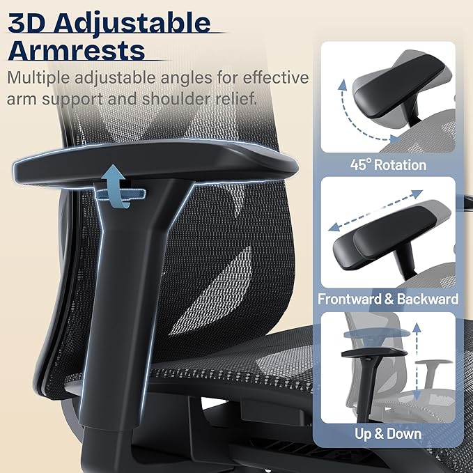 Ergonomic Office Chair, Mesh Computer Desk Chairs with Adjustable Lumbar Support, 3D Armrests, Tilt Function, Comfy Wide Seat, Swivel Executive Work Task Chair for Company and Home-DeskLoop Office