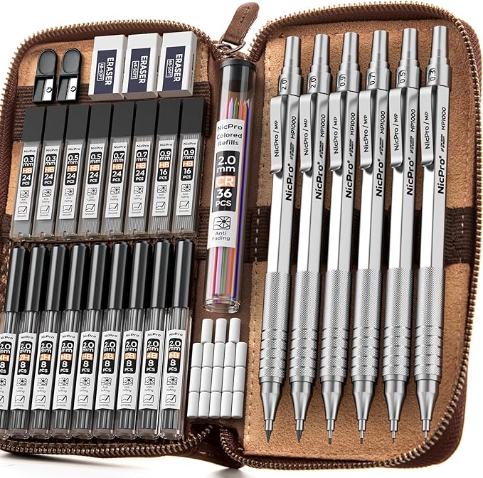 Nicpro 33PCS Metal Mechanical Pencil Set in Leather Case, Art Drafting Pencil 0.3, 0.5, 0.7, 0.9 mm, 2mm Lead Pencil Holders for Sketching Drawing With 18 Tube (6B 4B 2B HB 2H 4H Colors) Lead Refills-DeskLoop Office