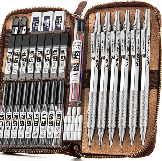 Nicpro 33PCS Metal Mechanical Pencil Set in Leather Case, Art Drafting Pencil 0.3, 0.5, 0.7, 0.9 mm, 2mm Lead Pencil Holders for Sketching Drawing With 18 Tube (6B 4B 2B HB 2H 4H Colors) Lead Refills-DeskLoop Office