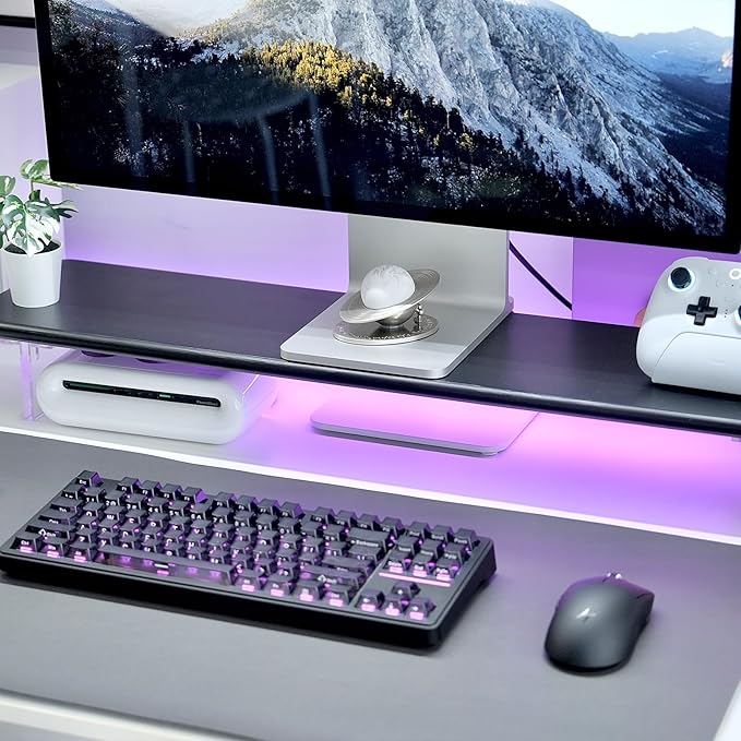 Bamboo Monitor Stand Riser with RGB Lights,31.5 Inches Desktop Shelf with Acrylic Legs Supports for Desk, PC Computer Monitor, Laptops, Printer, Speakers (Black)-DeskLoop Office