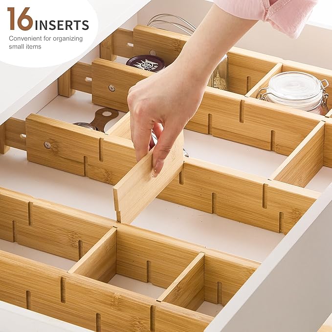Bamboo Drawer Dividers with Inserts kitchen drawer organizer Adjustable Expandable 8 Pack Organizer Set for Kitchen Bedroom Bathroom Office 8 Dividers with 16 Inserts (Natural, Large (18-22.5IN))-DeskLoop Office