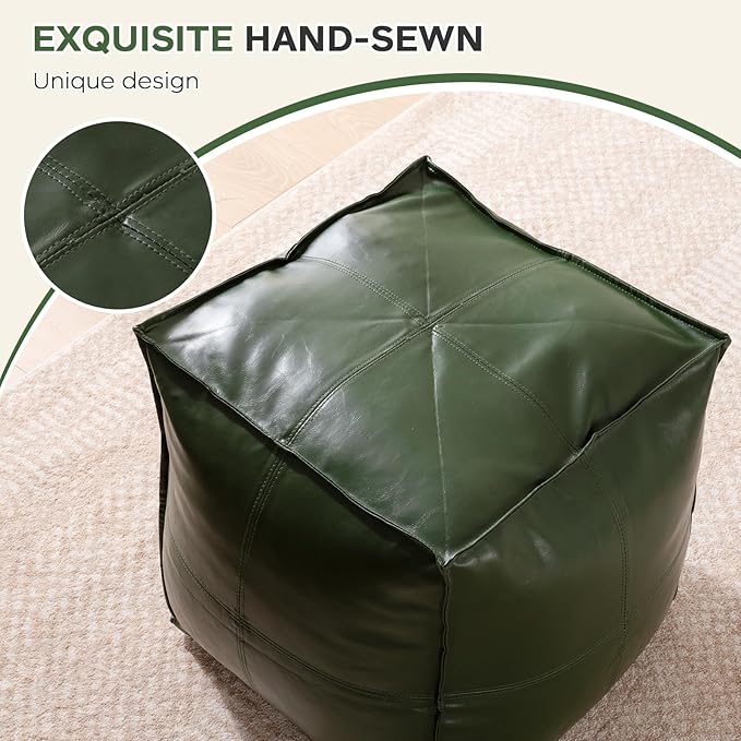 Unstuffed Pouf Cover, 17.7" Faux Leather Poofy Ottoman Cover, Square Footstool For Storage Living Room Decoration Foot Rest, Footrest for Bedroom Balcony Office Chair, (Only Cover, No Filler), Green-DeskLoop Office