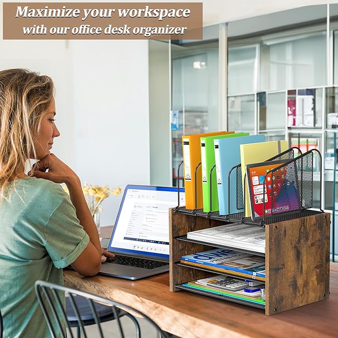 4-Tier Desk Organizer, Desk File Organizer with 5 Vertical File Holders, Office Desktop Organizer with 3 Level Paper Organizer Letter Tray, Wooden Desk Organizers and Accessories for Home Office-DeskLoop Office