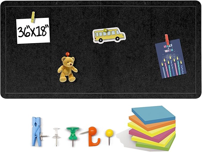 Large Bulletin Board 36 x 18 Inches - Foldable Felt Bulletin Board for Wall, Cork Board Alternative with 50 Color Pins & 6 Note Pads, Vision Board - Black-DeskLoop Office