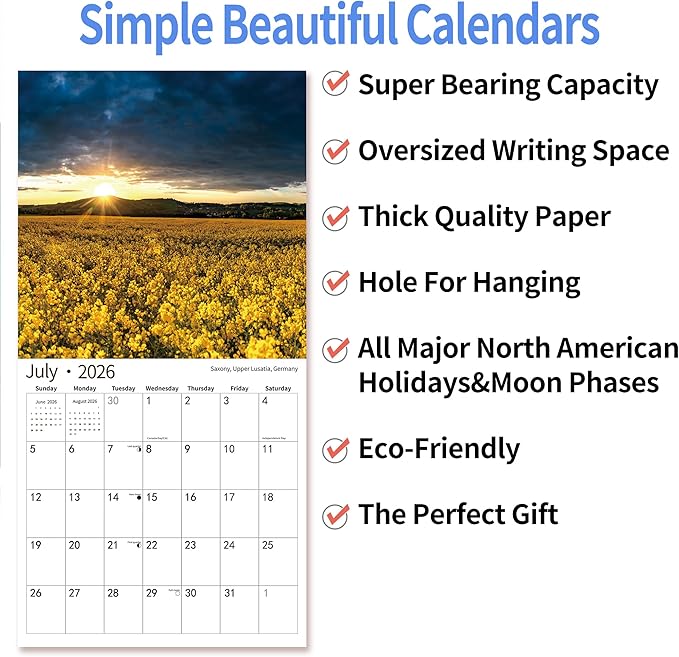 2026 Wall Calendar,Calendar 2026, July 2025 - December 2026, Wall Calendar Sunset, 12" x 24" Opened,Full Page Months Thick & Sturdy Paper for Calendar Organizing & Planning-DeskLoop Office