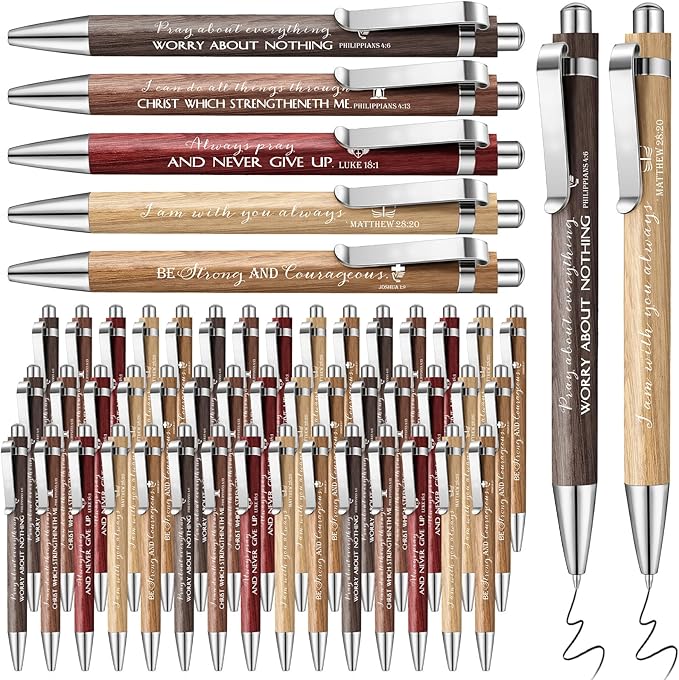 50 Pack Bible Verse Bamboo Retractable Ballpoint Pens Christian Inspirational Bible Verse Ballpoint with Black Ink Pen for Journal Writing Office Supplies Religious Gifts for Men Women(Wood Color)-DeskLoop Office