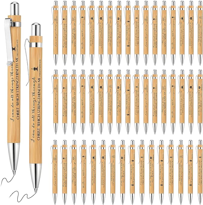 50 Pack Bible Verse Bamboo Retractable Ballpoint Pens Christian Inspirational Bible Verse Ballpoint with Black Ink Pen for Journal Writing Office Supplies Religious Gifts for Men Women(Classic Color)-DeskLoop Office